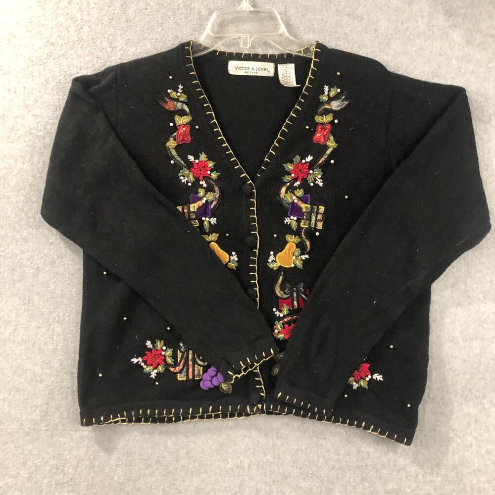 Ugly Christmas Sweater Cardigan M Petite Beaded Victoria Jones Granny Core Vtg